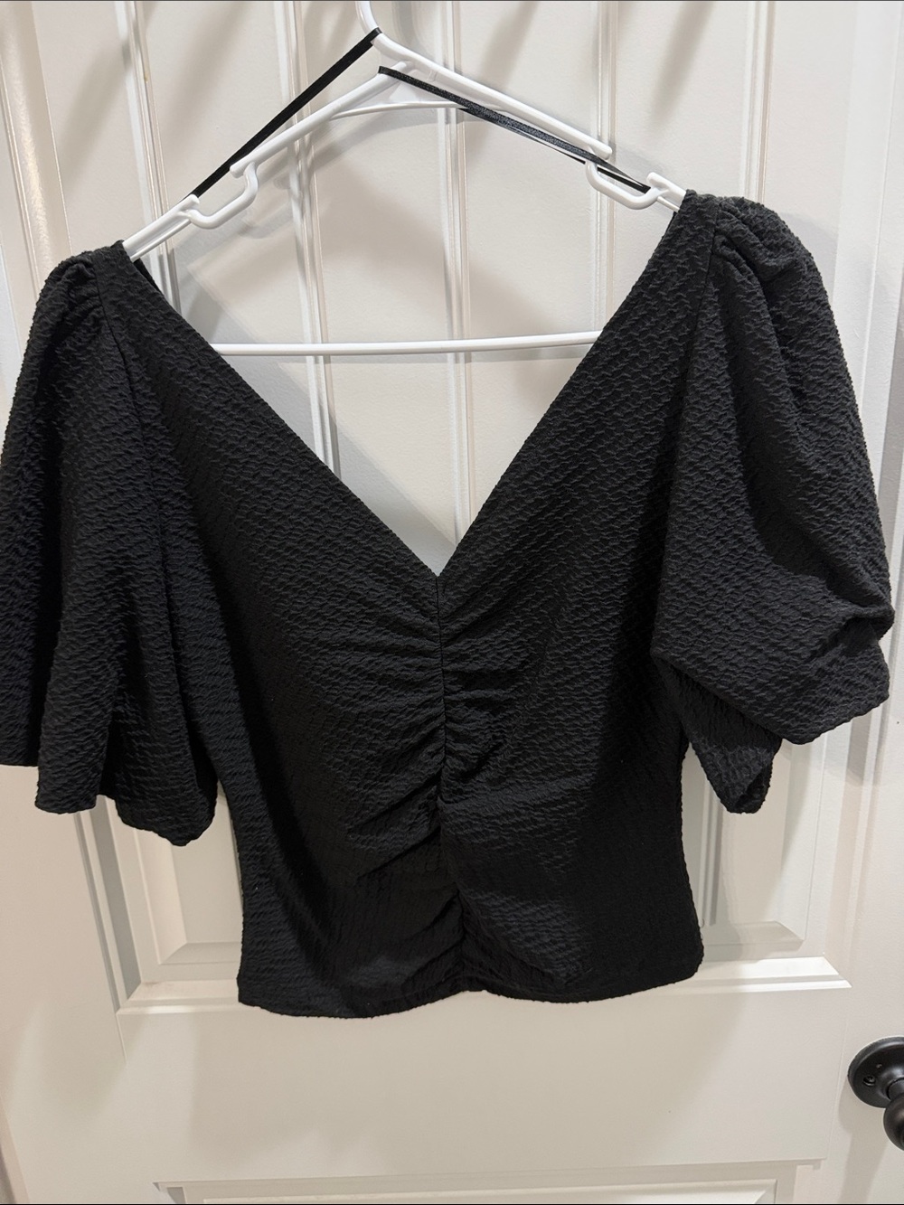 FREE PEOPLE Black Textured V-Neck Puff Sleeve Top